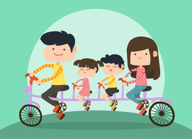 Ilustración de una familia nuclear en una bicicleta tandem de cuatro plazas