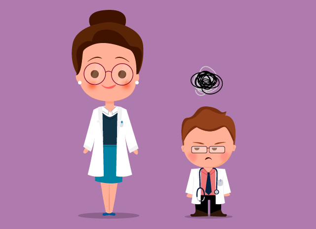 Ilustración de una mamá médico con un hijo vestido de médico y enfurruñado