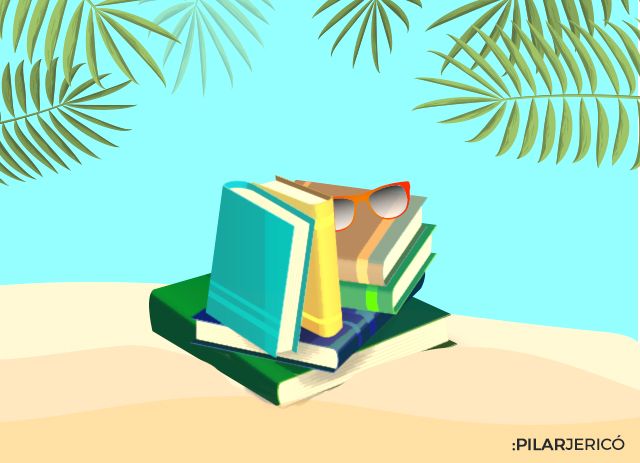 Ilustración de libros en la playa