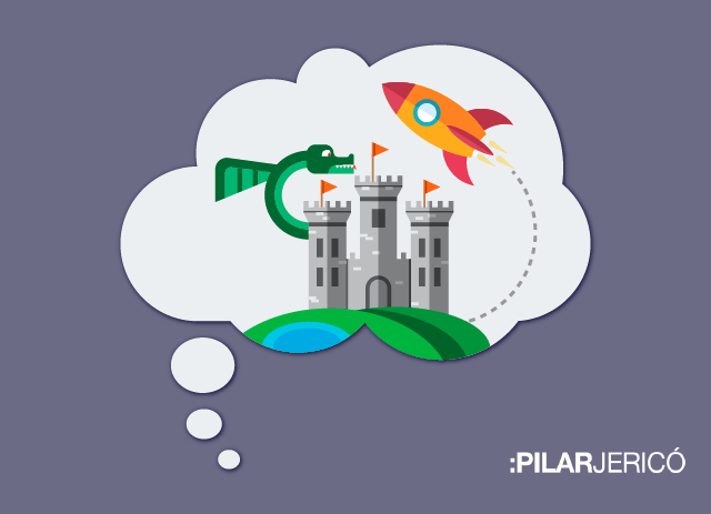 Ilustración de una castillo con un dragón y un cohete