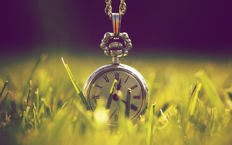 Fotografía de un reloj de bolsillo sobre la hierba