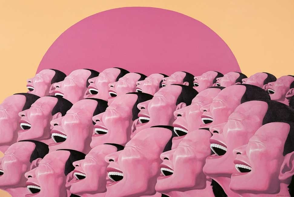 Ilustración de un montón de caras sonrientes mirando a un sol rosa